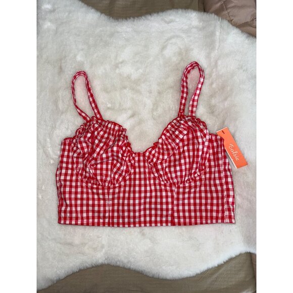 Colsie size XL Red Gingham Crop Corset Bra Top Shirred Smocked back NEW - Picture 2 of 6